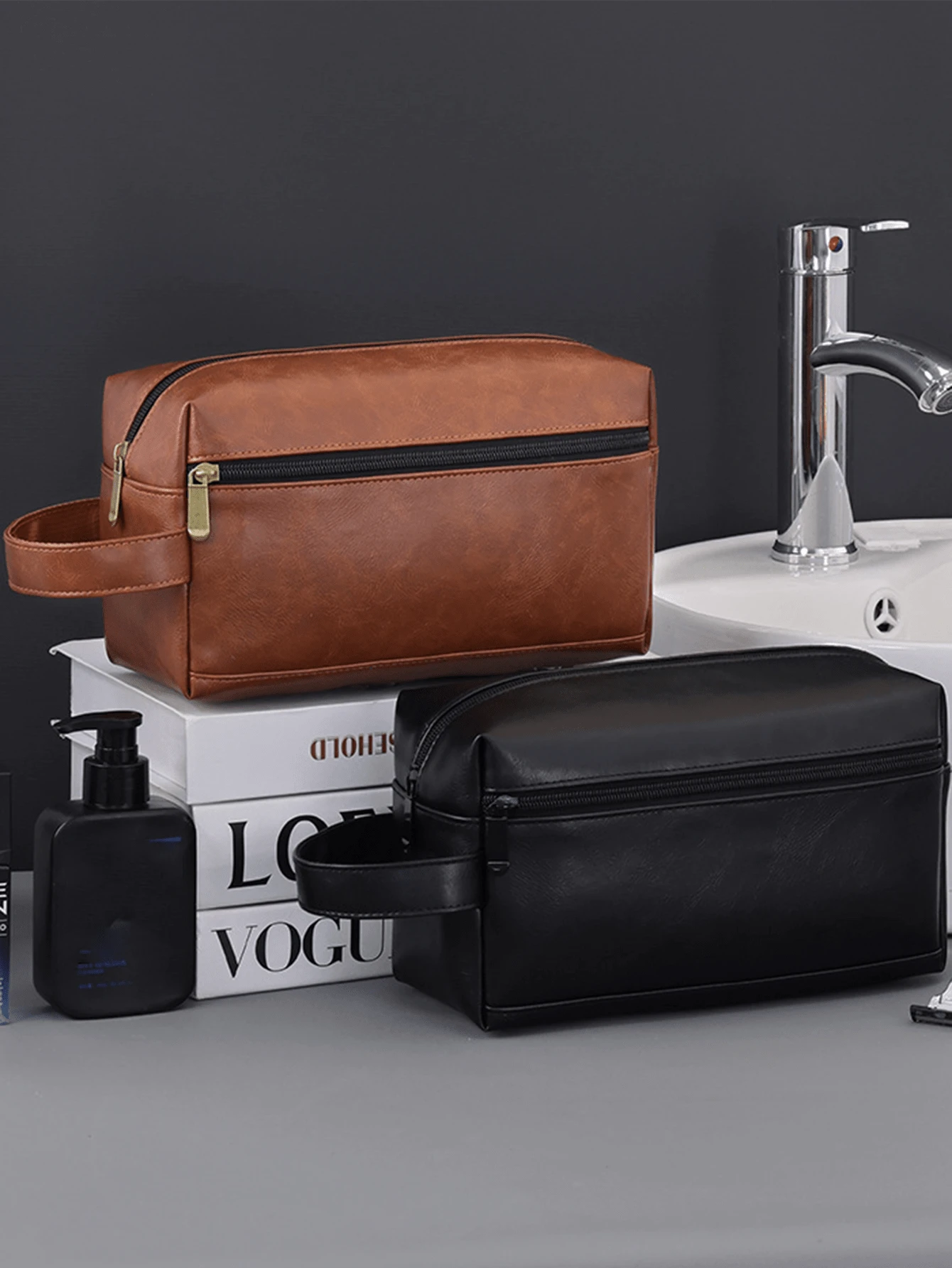 男士防水旅行洗漱包便携式化妆品收纳包拉链手提包复古缝线PU皮革洗漱包大容量旅行商务男士便携式洗漱包男士礼物圣诞袋防水背包复古男士礼物情人节