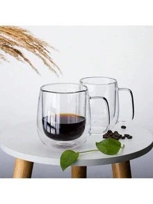 1-2-4 件套，350ml/250ml 简约透明双层玻璃杯，隔热时尚，带手柄，适合咖啡、果汁，多用途使用，适合返校