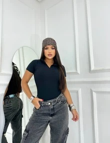 Women's Ribbed Polo Bodysuit With Collar – Casual, Elegant And Timeless - 黑色 - 查看 1