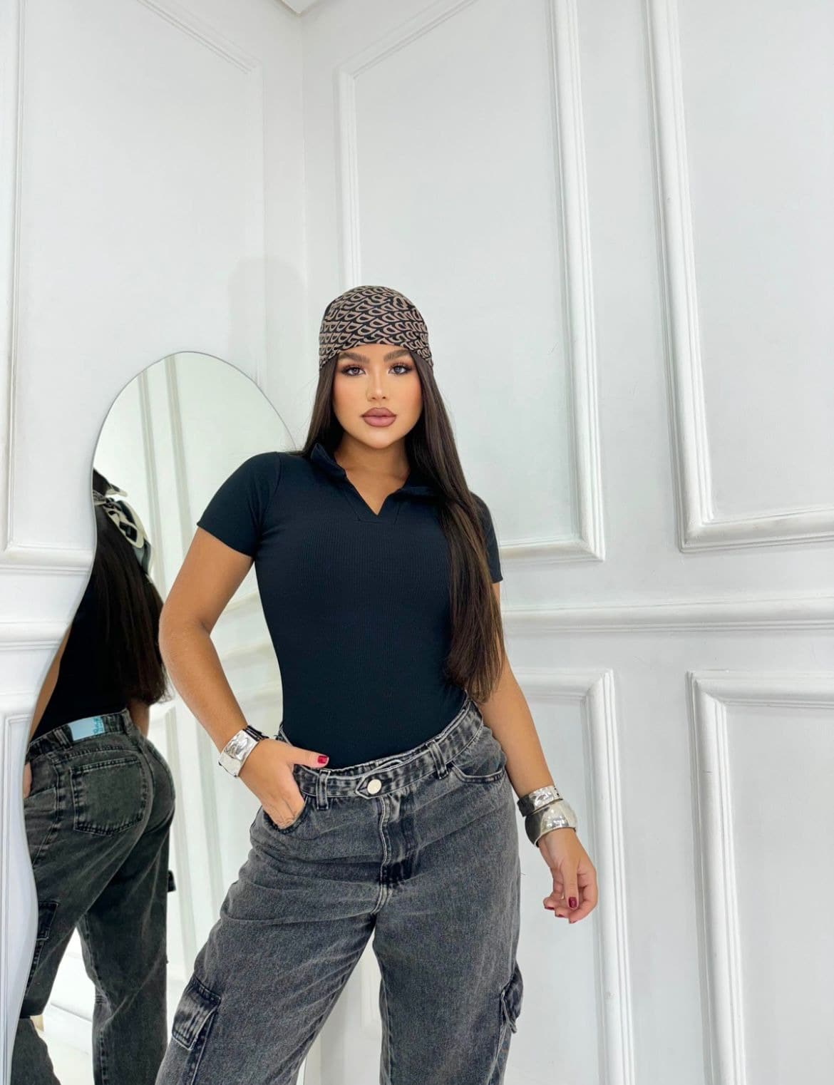 Women's Ribbed Polo Bodysuit With Collar – Casual, Elegant And Timeless - 黑色 - 查看 1