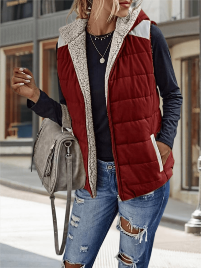Women's Cozy Sherpa Fleece Full Zip Reversible Vest Warm Color Block Hoodie Outwear With Pocket