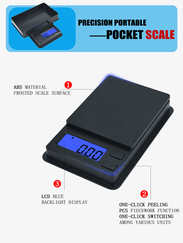 [Hot]1PC Black [1kg/0.1g] [500g/0.01g] Dual Measurement Range With Selectable Accuracy Mini Portable Pocket Scale Digital Electronic Scale ABS Durable Material Tray Protection Cover Integrated With LCD Blue Backlight Display One-Click Zeroing Function PCS Counting Function Conversion To Various Units