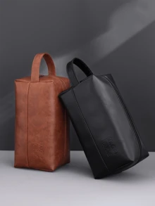 Bolsa de viaje impermeable para artículos de tocador para hombres, organizador de maquillaje portátil con cremallera, bolsos de mano con costura retro de PU, bolsa de aseo de gran capacidad para viajes de negocios