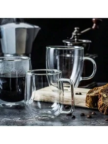 1-2-4 件套，350ml/250ml 简约透明双层玻璃杯，隔热时尚，带手柄，适合咖啡、果汁，多用途使用，适合返校