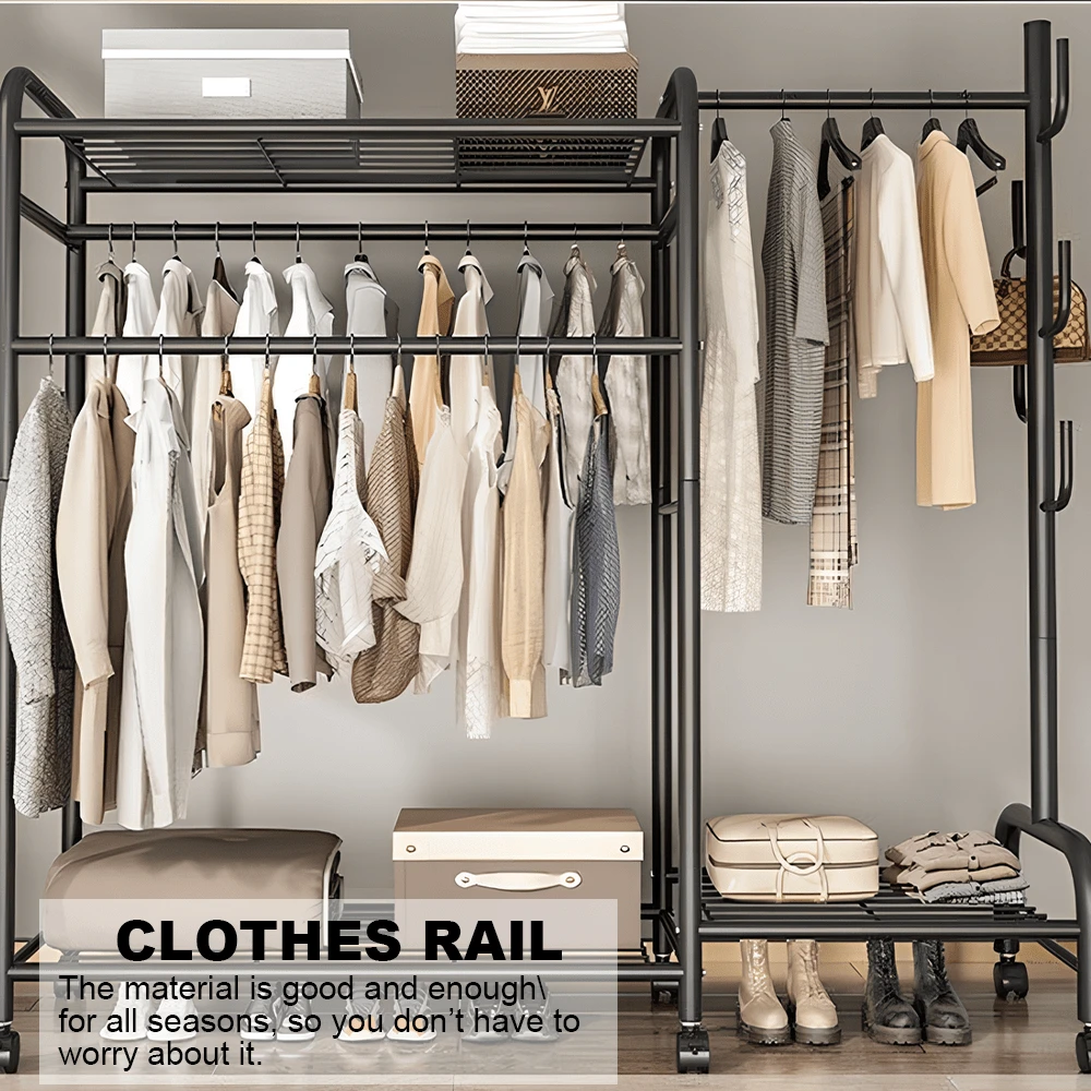 Lislark Heavy Duty Clothing Rail Clothes Rail Rack Closet Rails Coat Rail Wardrobe For Bedroom Free Standing Metal Hanging Garment Coat Rack Tidy Rails With Rolling Wheels (Heavy Duty-Black/White) - Black - View 1