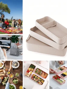 1 pieza Fiambrera de 3 compartimentos, diseño a prueba de fugas, con cuchara y tenedor, reutilizable, apta para microondas, caja portátil aislada para exteriores, juego portátil de preparación de comidas para adultos, útiles escolares, vuelta al colegio, artículos de cocina, regalo de Navidad - Multicolor - Ver 6