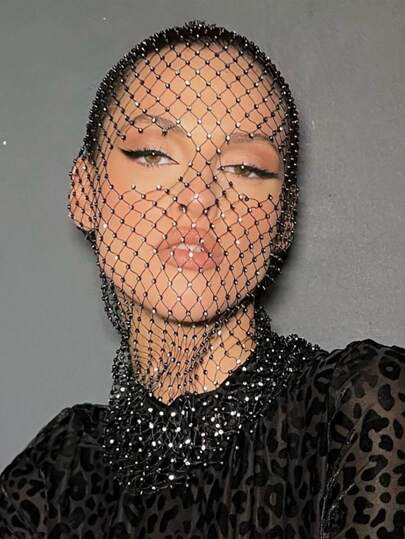 闪亮水钻装饰女士帽子镂空渔网孔全脸面罩头巾帽子派对、学校
