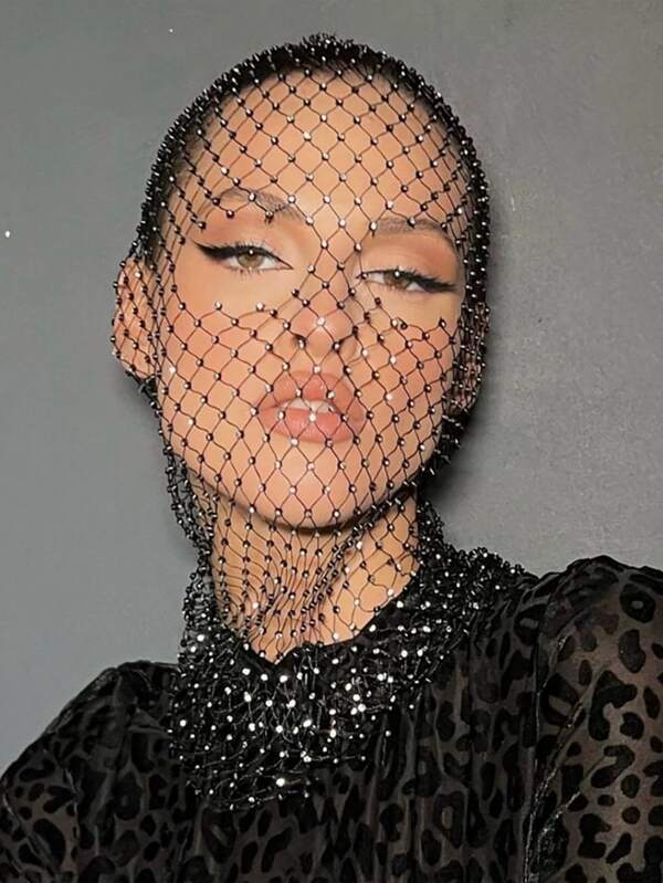 Sparkly Rhinestone Decor Women Caps Hollow Out Fishnet Hole Full Face Mask Headscarf Hats Party, School