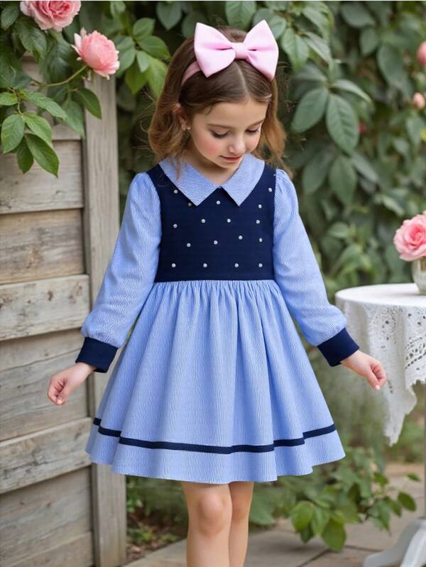 Young Girl Fashion Casual Striped Knit Contrast Color Beaded Ribbed Sleeve Button-Up Collar A-Line Skirt Dress For Daily Wear, Play, Or Children's Party, Spring/Autumn Girls Dress