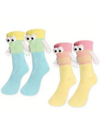 2 Pairs Of Gradient Color Couple And Bestie Holding Hands Socks, Cute Cartoon Eyeball, Funny Magnetic Absorption Leisure Socks, Warm Mid-Calf Socks, Fall Socks