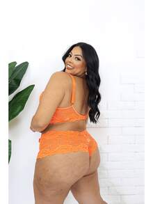 Plus Size Lingerie With Reinforced Straps Cropped And Briefs Plus Size Set - Burnt Orange - View 2