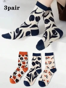 3 pary damskich skarpetek do połowy łydki w kwiaty w stylu retro, kontrastowe czerwone i niebieskie kwiaty, modne i wygodne, uniwersalne skarpetki, skarpetki jesienne