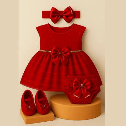 Conjunto com  4 Peças 0 a 12 Meses Vestido Renda luxo+Calcinha Bunda Rica+Laço+Sapatinho Festa Batizado Aniversário Natal Ano novo para Bebê Menina, Vestido de Princesa Confortável