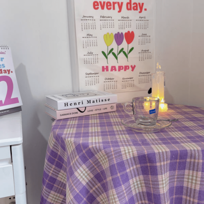 1 pieza/2 piezas Mantel a cuadros morados estilo romántico francés y pastoral para mesa de café, mesa de postres