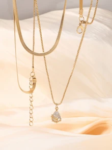 2 chiếc vòng cổ mặt dây chuyền bằng đồng thau hình giọt nước đính đá Zirconia kèm dây chuyền lụa vàng, vòng cổ hai lớp phong cách khí chất dành cho nữ, vòng cổ kim cương - Vàng - Xem 4