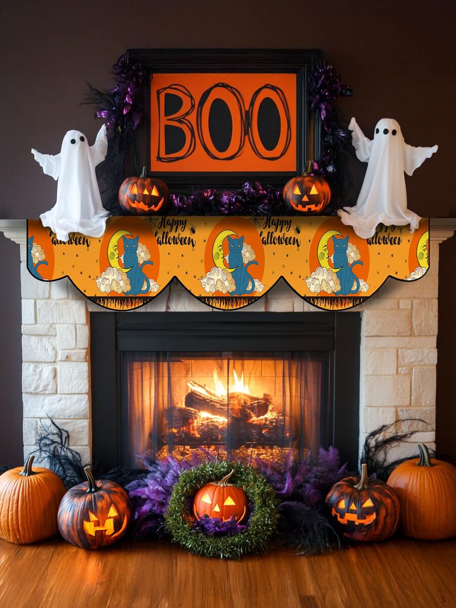 1pc/8pcs Halloween Black Cat Fireplace Mantel Scarf, Halloween Fireplace Decor, Halloween Hanging Decor, Seasonal Autumn Home Decor, Retro Style, Short Plush Material, 48*200CM/18.9*78.74IN, Halloween Home Decor Indoor Outdoor Party Supplies, Halloween Theme Decoration, Room Decor. Suitable For Home Kitchen Decor And Halloween Party Decoration