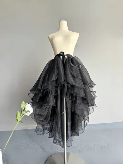 1pc Women's Crystal Mesh Asymmetrical Hem Dress, White/Black Asymmetric Front Short Back Long Tail, Asymmetrical Mermaid Tulle Skirt, Flowy Performance Dress, Glass-Like Voluminous Skirt, One-Piece Small Apron, Ruffled Multi-Layer Trailing Dress, Suitable For Wedding, Party, Performance, Bridal, Bridesmaid, Stage Show, Cosplay, Travel Photography, Dance, Halloween Costume