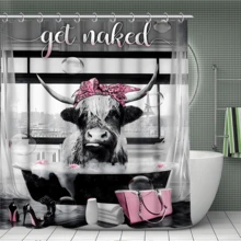 4PCS Fashion Highland Cow Shower Curtain Sets With Rugs, Waterproof Fabric Grey Shower Curtain, Funny Quotes Bull Cattle Pink Floral Bag High Heels Perfume Bathtub Bubble Modern Bathroom Decor