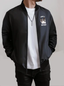 定制个性化男士拉链长袖立领休闲纯色运动夹克，可添加您自己的照片和文字/标志（照片/自拍/全家福/宠物照/朋友照/爱人照/女友照），设计个性化印花外套，黑色，春季，适合健身、瑜伽等运动休闲场合。 - 黑色 - 查看 3
