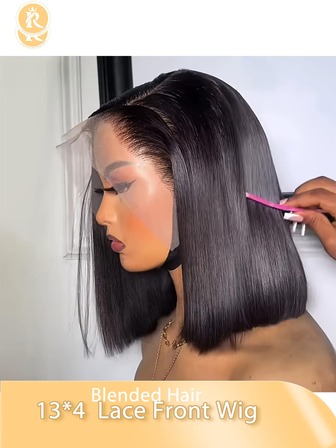 (鲍勃假发 6-16 英寸) 混合头发由人类混合头发与合成纤维和蛋白质长丝混合而成 13x4 蕾丝前部人类混合头发假发 - 短鲍勃风格，预先拔取婴儿头发，直黑发，180% 密度，适合女性，日常风格假发 | 自然发际线假发抛光外观，假发配件混合头发由人类混合头发与合成纤维和蛋白质长丝混合而成