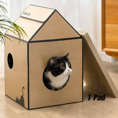 Cardboard Cat House With Scratch Pad & Catnip, Sturdy Heavy Duty Scratcher, Cat Play Scratching Box For Indoor Hideaway, Easy To Assemble Birthday Gift