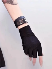 1 双女士黑色哥特式露指弹性手套，适合万圣节臂套秋季时尚 - 黑色 - 查看 2