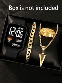 4件套，1件全新LED数字心形电子手表和3件十字/箭头合金戒指项链手链套装。万圣节、圣诞节、情人节、母亲节等节日礼物的最佳选择