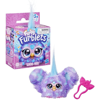 Furby Furblets Groo-Vee Mini Amigo, talla grande de 45 sonidos y música, habla solo en Furbish, juguete de peluche electrónico, color morado, regalos de vuelta a clases, para niños de 6 años en adelante