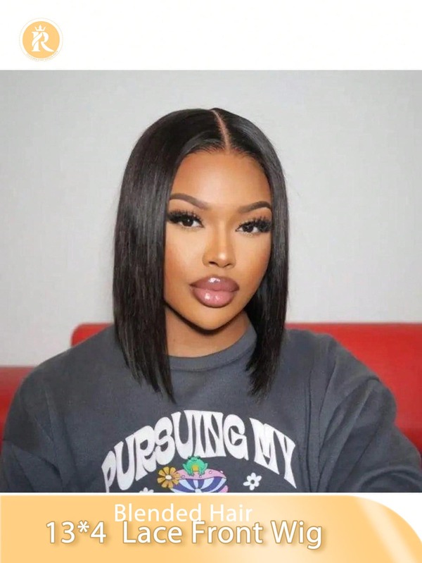 13 * 4 Front Lace Wig Blended Hair Is Made From Human Blended Hair Mixed With Synthetic Fibers And Protein Filaments Pre Permed Hairline Suitable For Various Races, Daily Party Use, Transparent Lace Without Glue, (Bob Wigs 6-16inch ) Blended Hair