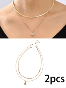 2 chiếc vòng cổ mặt dây chuyền bằng đồng thau hình giọt nước đính đá Zirconia kèm dây chuyền lụa vàng, vòng cổ hai lớp phong cách khí chất dành cho nữ, vòng cổ kim cương - Vàng - Xem 2