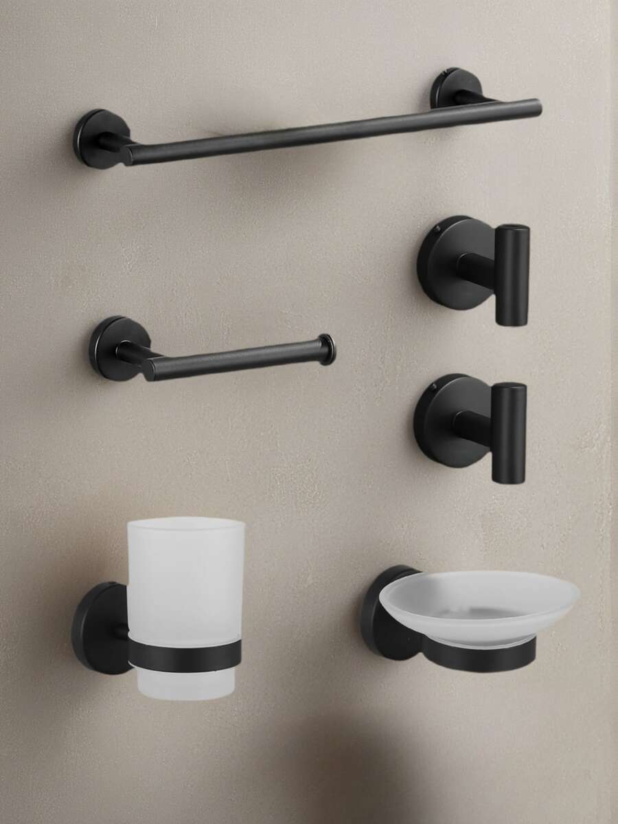 Juego de colgadores de almacenamiento para baño - Kit de colgadores para baño - Toallero de acero inoxidable negro - Gancho multifuncional - Estante para papel higiénico - Vaso de lavado de vidrio - 1 pieza