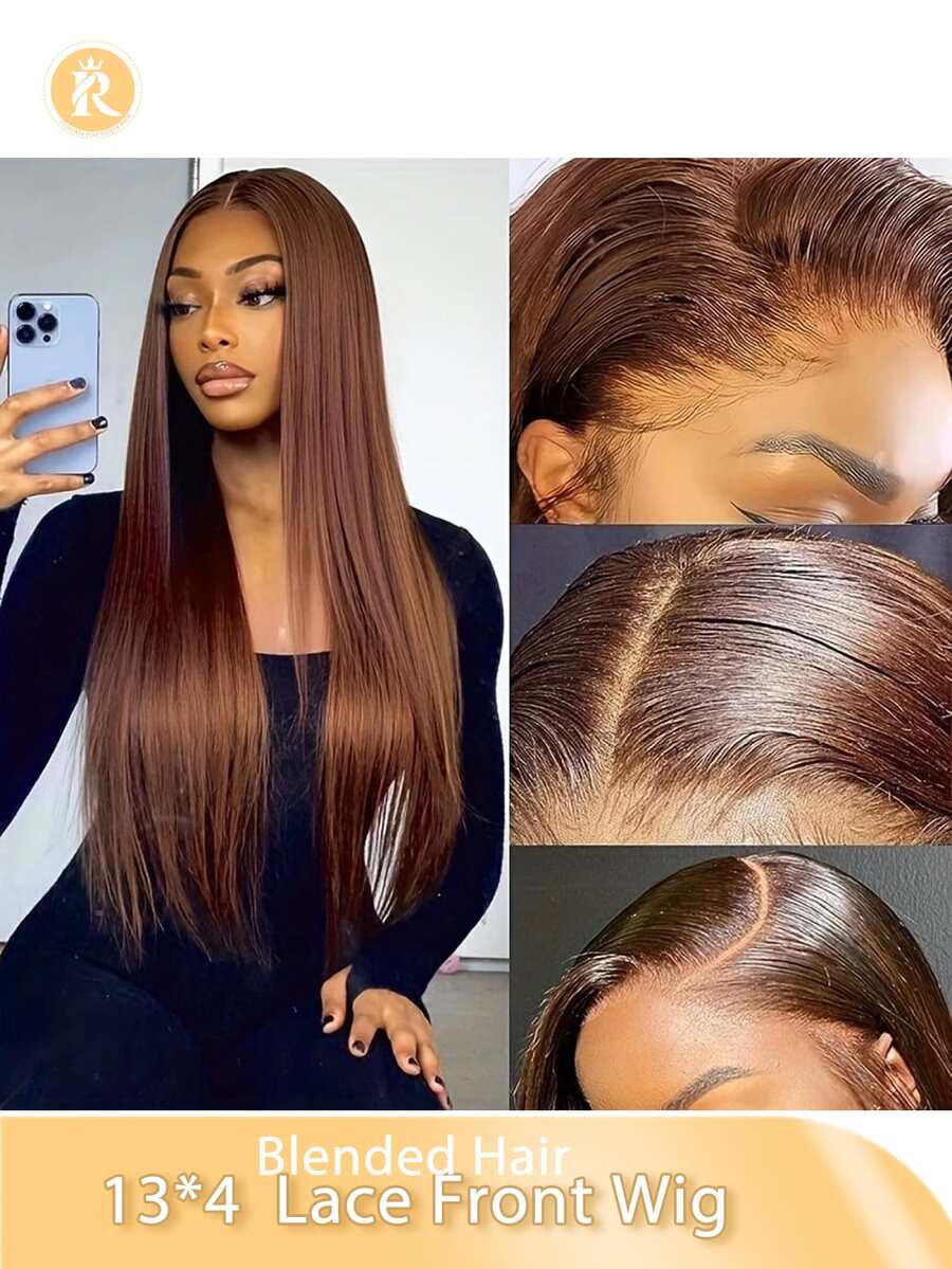 Parrucca lunga 6-16 pollici, parrucca lunga 18-36 pollici, capelli misti realizzati da capelli umani mischiati con fibre sintetiche e filamenti proteici, capelli lunghi e morbidi di colore nero liscio, parrucca frontale in pizzo sintetico 13X4 per donne, pre-pettinata con baby hair, senza colla, densità 180%, capelli misti realizzati da capelli umani mischiati con fibre sintetiche e filamenti proteici
