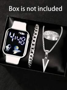 4件套，1件全新LED数字心形电子手表和3件十字/箭头合金戒指项链手链套装。万圣节、圣诞节、情人节、母亲节等节日礼物的最佳选择