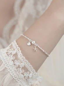 1pc 925 Sterling Silver Pearl Starfish Shell Bracelet - Unique Beach-Inspired Design Adorned With Silver Plates, Perfect Summer Gift For Mom Or To Create Coastal-Chic Looks