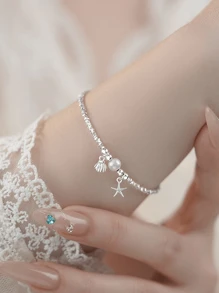 1pc 925 Sterling Silver Pearl Starfish Shell Bracelet - Unique Beach-Inspired Design Adorned With Silver Plates, Perfect Summer Gift For Mom Or To Create Coastal-Chic Looks