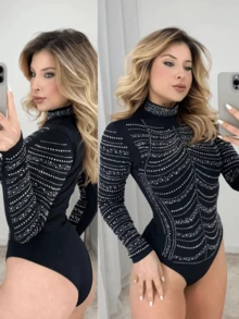 Women's Tulle Bodysuit With Long Sleeves And High Neckline And Premium Rhinestones - Black - View 3