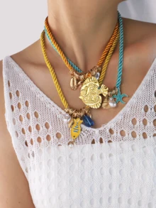 4pcs/Set, 3pcs, 2pcs, 1pc Bohemian Style Ocean Conch, Faux Pearl, Turtle, Fish, Shell, Sun, Crab, Small Fish, Plant Pendant Necklace, Leather Cord Necklace Pendant, Simple & Fashionable Beach Holiday Accessories - Multicolor - View 10