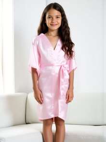 Tween Girl Crossover Short Sleeve Casual Loungewear Robe, Pink - Multicolor - View 6