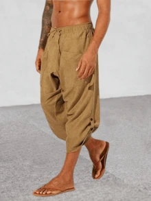 Runcati Mens Drawstring Linen Harem Capri Pants 3/4 Shorts Casual Beach Yoga Hippie Thai Pants - Màu vàng - Xem 1