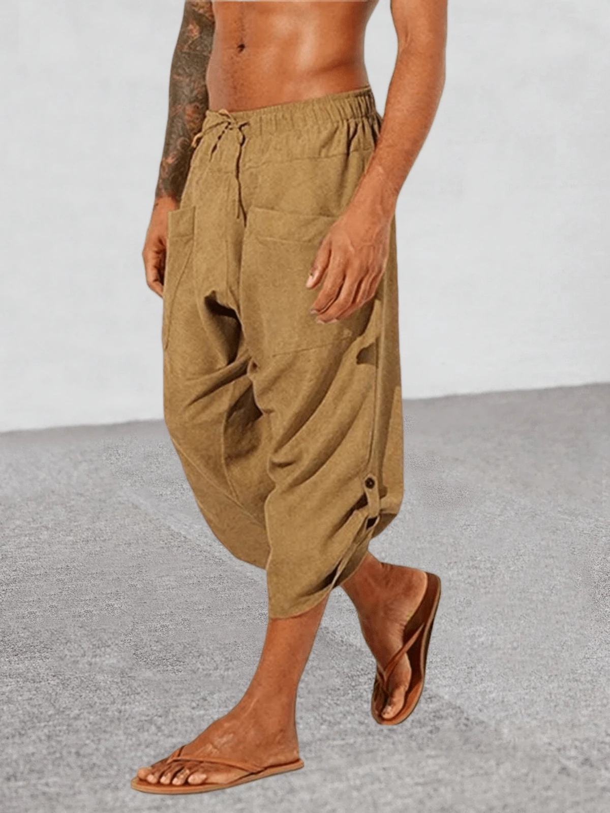 Runcati Mens Drawstring Linen Harem Capri Pants 3/4 Shorts Casual Beach Yoga Hippie Thai Pants - Màu vàng - Xem 1
