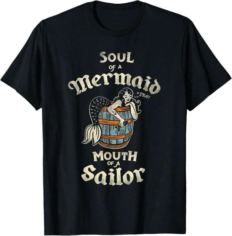 Soul Of A Mermaid  Mouth Of A Sailor Vintage Nautical Pinup Soft T-Shirt - màu đen - Xem 1