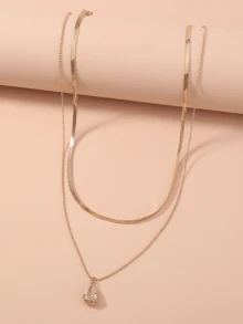 2 chiếc vòng cổ mặt dây chuyền bằng đồng thau hình giọt nước đính đá Zirconia kèm dây chuyền lụa vàng, vòng cổ hai lớp phong cách khí chất dành cho nữ, vòng cổ kim cương - Vàng - Xem 3