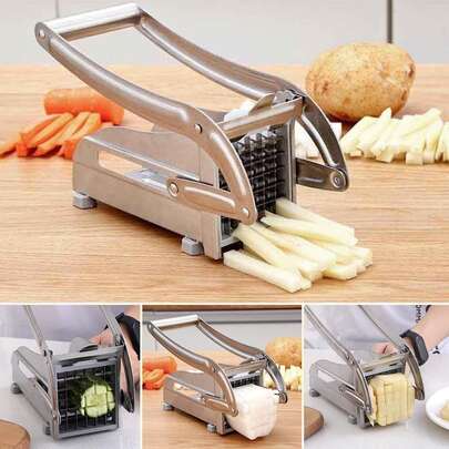 Haboqo Cortador de papas fritas, cortador de papas profesional de acero inoxidable con cuchillas de 1/2 y 1/3 de pulgada, ideal para papas, zanahorias y pepinos, cortador de papas de alta resistencia, cortador de papas fritas de acero inoxidable, paquete con un par de guantes