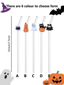 1 件/5 件/1 套万圣节卡通形状可重复使用玻璃吸管，吸管套可爱幽灵、蝙蝠、女巫帽和南瓜图案，透明冰沙、珍珠奶茶、果汁、牛奶、鸡尾酒吸管、派对、万圣节、魔术帽多风格弯曲玻璃吸管 - 彩色 - 查看 2