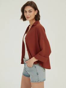 قميص أصفر زبدي واسع الأكمام للمكتب والأنشطة اليومية، أكمام ثلاثة أرباع للخريف المبكر، قميص فضفاض وأنيق للشارع