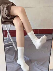 5/10 Pairs Of Women's Solid Color White Soft Comfortable Warm Knee-High Socks, Suitable For Daily, Outdoor Leisure Sports With Loafers, Sports Shoes Can Be Worn In All Seasons., Fall Socks - White - View 2