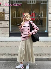 Áo len nữ HoloChill cổ tròn kẻ sọc phối màu, kiểu dáng thường ngày, bộ sưu tập mới mùa hè 2026 nhân dịp Lễ Tình nhân. - Hồng - Xem 9