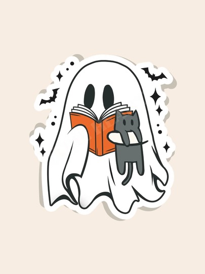 Perfekt für Buchliebhaber Aufkleber | Buchliebhaber Aufkleber | Halloween Geist Aufkleber | Bücherwurm Aufkleber | Süßer Buchliebhaber Geist mit Katze | Vinyl E-Reader, Kindle Aufkleber | Buchliebhaber Geschenk