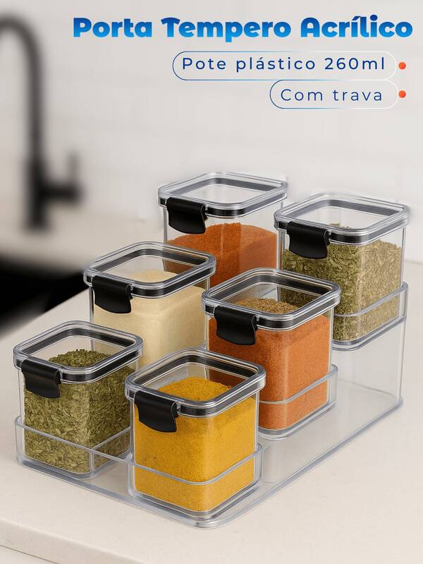 Kit Porta Temperos e Condimentos Organizador Acrílico com 6 Potes 260ml com Travas Empilhavel Pote de Plástico Transparente Resistente Organização de Cozinha Armazenamento de Tempero Condimento Especiarias para Casa Cozinha Dispensa Bancada Armário