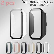 2 paquetes de carcasa dura de PC para el smartwatch Xiao Mi Smart Band 8 Active, con protector de pantalla de vidrio templado completo, funda protectora a prueba de golpes y accesorios para hombres y mujeres para Mi Band 8 Active y Xiao Mi Redmi Band 2